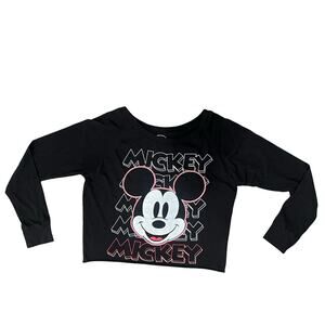 Disney Mickey Mouse Screen Print Black Cropped Scoop Neck Long Sleeve Tee size S